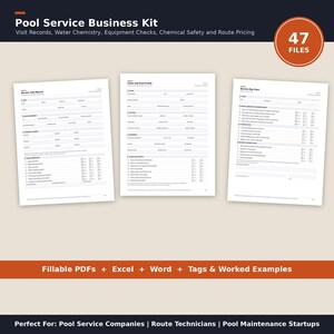 Może przedstawiać: Zestaw biznesowy do obsługi basenów zawierający 47 plików, w tym wypełnialne pliki PDF, Excel i Word. Zestaw zawiera szablony raportów z wizyt serwisowych, profili klientów i kart dziennych z listami kontrolnymi chemii wody.