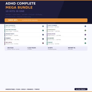 ADHD Mega Bundle 200 Files 10 Kits | Fillable PDF + Excel | Planner Routine Budget Medication Student Parent Wellness Complete