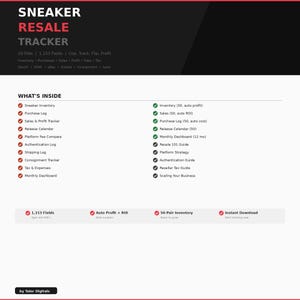 May include: A digital product titled "SNEAKER RESALE TRACKER" with a black and white design. The product includes features like inventory, sales tracking, and guides. The text "WHAT'S INSIDE" is displayed, listing various features. The product is designed for sneaker resale.
