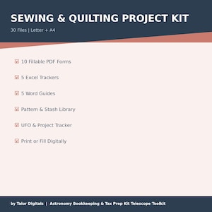 Kit de proyecto de costura y acolchado / 30 archivos / Carta + A4 / Biblioteca de patrones / Rastreador de telas UFOs / Diseño de bloques de acolchado en Excel