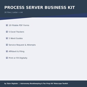 Process Server Business Kit | 30 Files | Letter + A4 | Service Request Attempt Log Affidavit Template Law Firm Client Excel