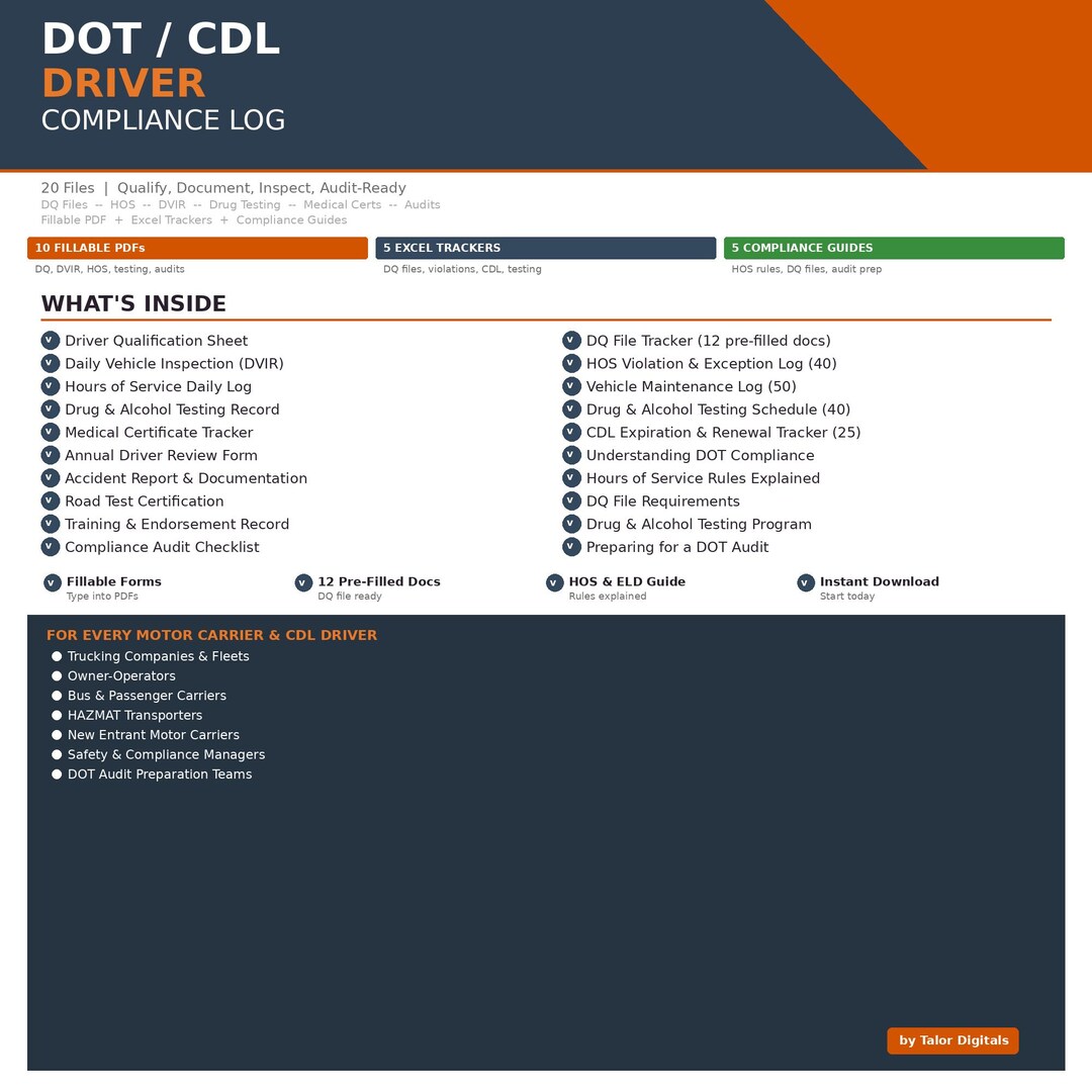 DOT CDL Driver Compliance Log Kit | 20 Files | Fillable Pdf | Excel ...