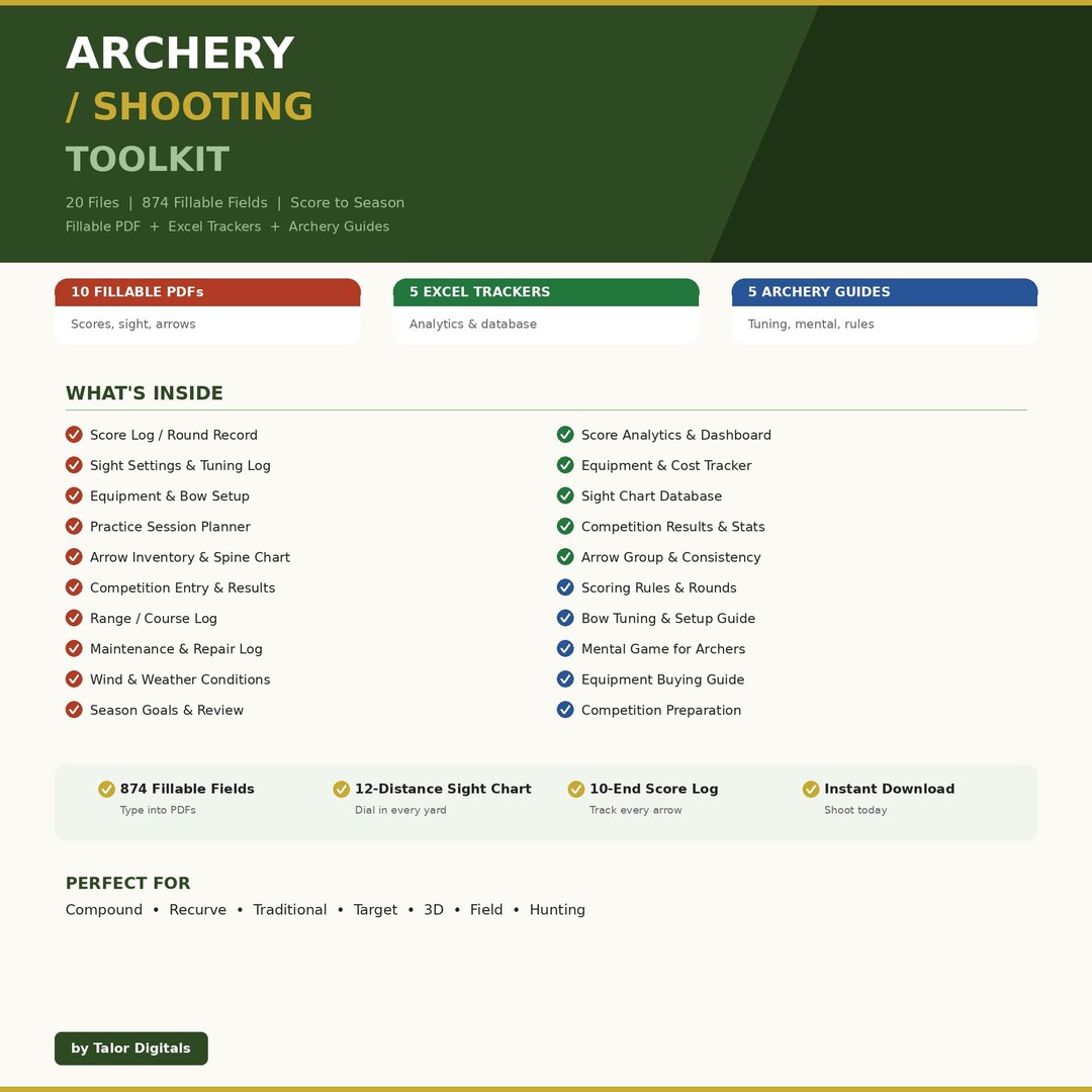 Archery Shooting Toolkit 20 Files | Fillable PDF + Excel | Score Log ...