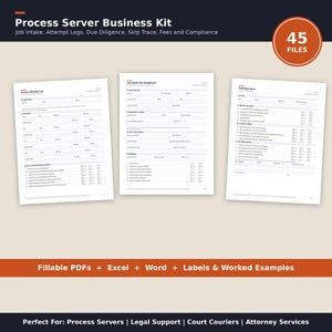May include: A Process Server Business Kit containing 45 files including fillable PDFs, Excel, Word, labels, and worked examples. The kit features documents titled Service Attempt Log, Job Intake and Assignment, and Field Day Card with checklists.