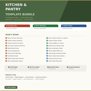 Könnte beinhalten: Ein digitales Vorlagenpaket für Küchen- und Speisekammerorganisation. Enthält 10 ausfüllbare PDFs, 5 Excel-Tracker und 5 Word-Guides. Bietet Vorratsinventar, Essensplaner und Einkaufslisten. Der Text lautet "Kitchen & Pantry Template Bundle".