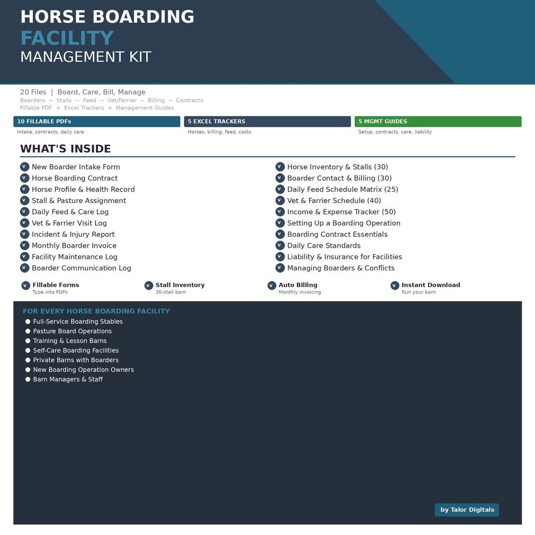 Horse Boarding Facility Management Kit | 20 Files | Fillable PDF ...
