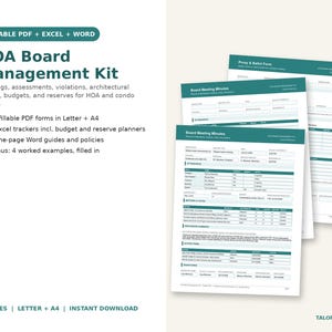 Op de afbeelding: Een HOA Board Management Kit met invulbare PDF-, Excel- en Word-documenten. De kit bevat 17 PDF-formulieren, 5 Excel-trackers, 5 Word-gidsen en 4 ingevulde voorbeelden. De documenten hebben groenblauwe koppen en een witte achtergrond.