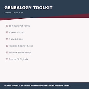 Puede incluir: Un kit de herramientas de genealogía digital con el título "GENEALOGY TOOLKIT" en texto blanco sobre un fondo azul oscuro y burdeos. El kit incluye 10 formularios PDF rellenables, 5 rastreadores de Excel, 5 guías de Word y más. También se incluye el texto "30 archivos | Carta + A4".