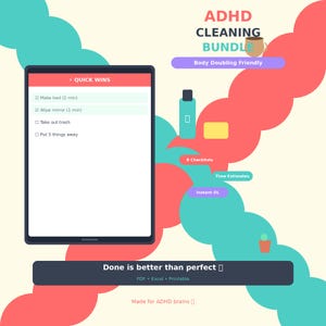 Könnte beinhalten: Infografik für ein ADHD-Reinigungs-Bundle. Das Bild enthält ein Tablet mit einer Checkliste, eine Flasche, ein gelbes Quadrat und den Text "ADHD Cleaning Bundle" und "Done is better than perfect."