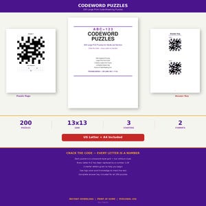 Łamigłówki z hasłami do druku | 200 łamigłówek w dużym druku | Łamacz kodów PDF | Gry logiczne dla seniorów i dorosłych | Pobierz natychmiast | Alternatywa dla krzyżówki