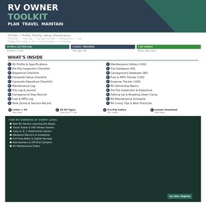May include: A digital RV Owner Toolkit with the title "RV Owner Toolkit" and the tagline "Plan Travel Maintain." The toolkit includes checklists, logs, and guides for RV owners. The image features a dark teal and white color scheme.