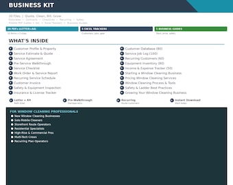 Window Cleaning Business Kit | 30 Files | Letter + A4 | Fillable PDF | Service Estimate | Recurring Schedule | Safety Log | Invoice