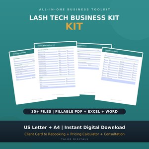 May include: An all-in-one lash tech business kit featuring digital documents including a client card, service menu, price list, and service history. The teal graphic displays text: All-in-one business toolkit, 35+ files, fillable PDF, Excel, Word.