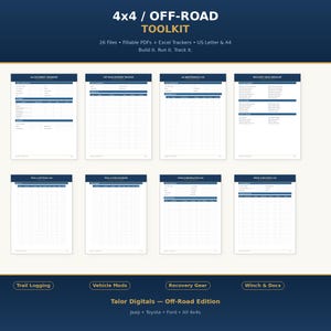 4x4 Off Road Toolkit | Fillable PDF + Excel | Trail Log, Mod Tracker, Recovery Gear Checklist, Winch Log | US Letter A4 | 26 Files