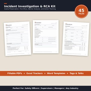 Op de afbeelding: Een Incident Investigation & RCA Kit met 45 bestanden, waaronder invulbare PDF's, Excel-trackers en Word-sjablonen. De set bevat formulieren voor Five Whys-analyse, incidentrapporten en corrigerende actieplannen voor veiligheidsdocumentatie.