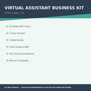 May include: A digital Virtual Assistant Business Kit with the title at the top. The kit includes 10 fillable PDF forms, 5 Excel trackers, 5 Word guides, client intake and NDA, time tracking and retainer, and print or fill digitally.