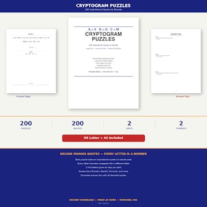 Può includere: Puzzle crittografici con 200 citazioni ispiratrici da decifrare. L'immagine mostra pagine di puzzle, una chiave di risposta e una copertina con il titolo "Cryptogram Puzzles". Include i formati US Letter e A4. I puzzle decifrano citazioni famose.