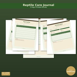 Può includere: Un pacchetto di pagine stampabili di un diario per la cura dei rettili. Le pagine hanno uno sfondo beige con accenti verdi e marroni. Il diario include sezioni per il monitoraggio della muta e l'allestimento dell'habitat. Il testo "Reptile Care Journal" e "5-Page Printable Bundle" sono visibili.