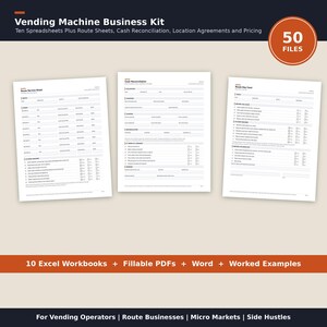 May include: A Vending Machine Business Kit featuring 50 files including 10 Excel workbooks, fillable PDFs, Word documents, and worked examples. The kit includes printed forms titled Route Service Sheet, Cash Reconciliation, and Route Day Card.