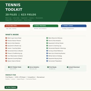 Puede incluir: Un kit de herramientas de tenis digital con 20 archivos y 623 campos. Incluye archivos PDF rellenables, rastreadores de Excel y guías de tenis. Ofrece registros, análisis y herramientas de exploración. Listo para imprimir en tamaño US Letter.