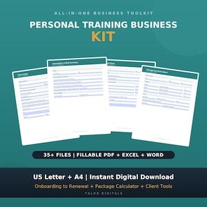 May include: A personal training business kit featuring multiple document templates including client intake, assumption of risk, and package quote sheets. The digital toolkit includes over 35 fillable PDF, Excel, and Word files in US Letter and A4 sizes.
