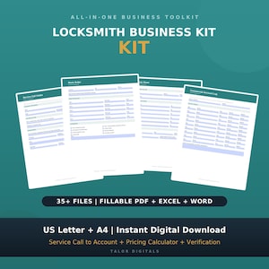May include: An all-in-one locksmith business kit featuring digital templates for service call intake, work orders, and commercial account logs. The set includes 35+ fillable PDF, Excel, and Word files in US Letter and A4 sizes for instant download.