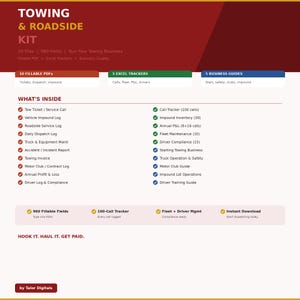 Towing Roadside Kit 20 Files | Fillable PDF + Excel | Tow Ticket Dispatch Impound Invoice Fleet Driver Motor Club P&L