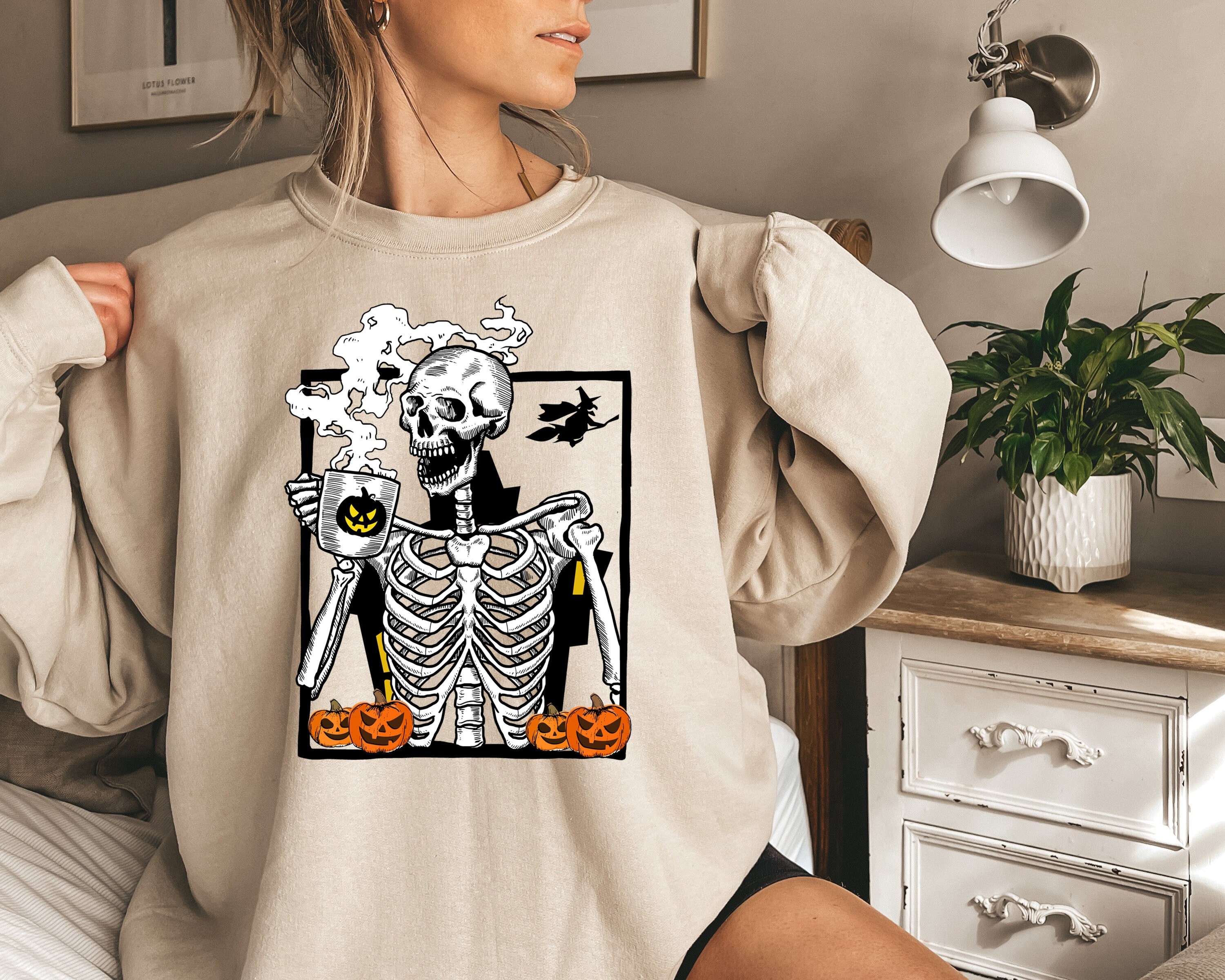 Discover Halloween Skeleton Sweatshirt, Skeleton Drinking Hot Coffee Sweatshirt, Halloween Skeleton Hoodie, Halloween Skull Coffee Shirt, Skeleton