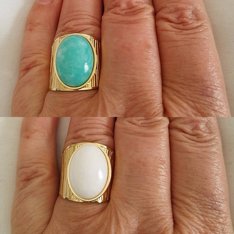 Grosse bague ajustable bohème turquoise ou blanche en acier inoxydable au choix image 1