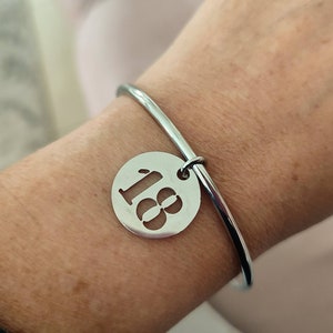 STAINLESS STEEL number charm bangle bracelet