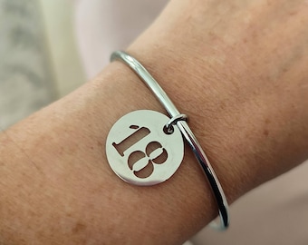 STAINLESS STEEL number charm bangle bracelet