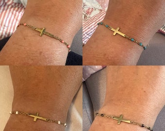 Bracelet perles croix doré en Acier inoxydable au choix