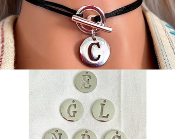 Toggle cord necklace letter charm silver plated 10 microns and stainless steel