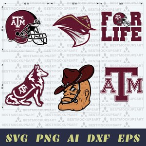 May include: A collection of maroon and white graphics, including a football helmet, a cowboy hat, a wolf, and the letters "A&M". The phrase "FOR LIFE" is also displayed. The images are designed for digital use.