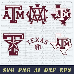 May include: A collection of maroon and white Texas A&M University logos in various designs. Includes the letters "T", "A", and "M", the state of Texas outline, and the word "TEXAS". The image is labeled with "SVG PNG AI DXF EPS".
