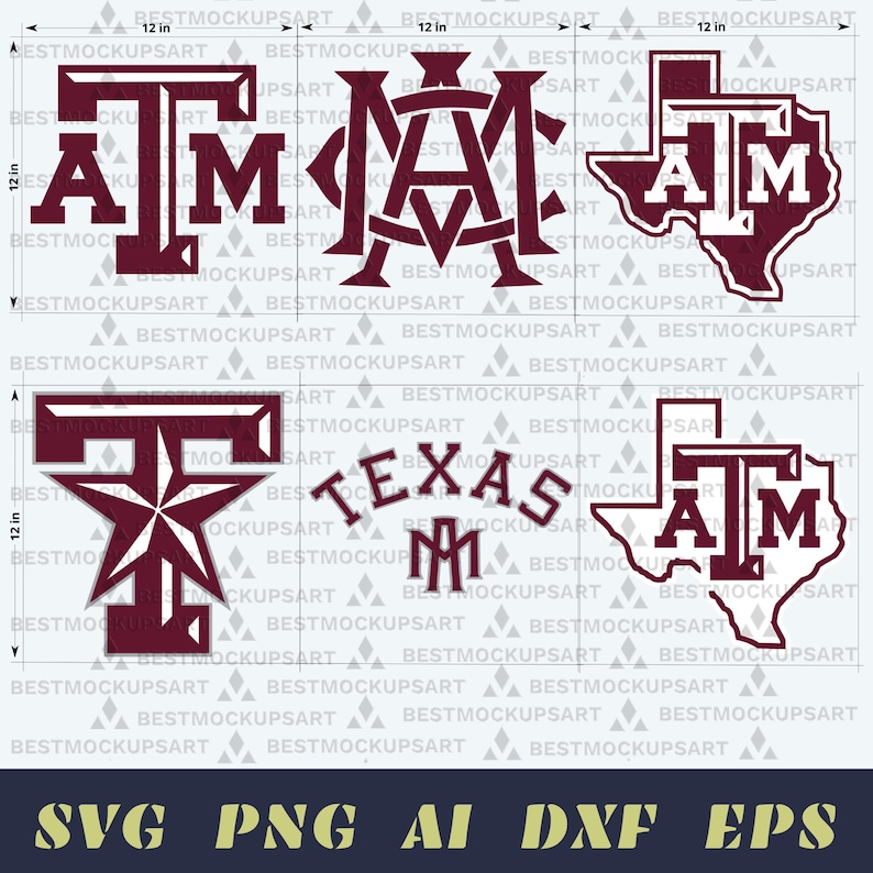 May include: A collection of maroon and white Texas A&M University logos in various designs. Includes the letters "T", "A", and "M", the state of Texas outline, and the word "TEXAS". The image is labeled with "SVG PNG AI DXF EPS".