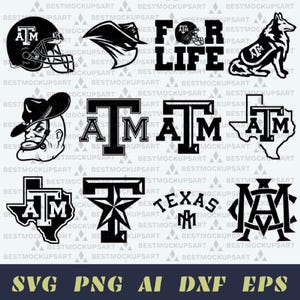 May include: A collection of black and white vector graphics featuring Texas A&M University themes. Includes a football helmet, a dog, the words "FOR LIFE", and various "A&M" and "Texas" designs. The bottom of the image displays file type options: SVG, PNG, AI, DXF, and EPS.