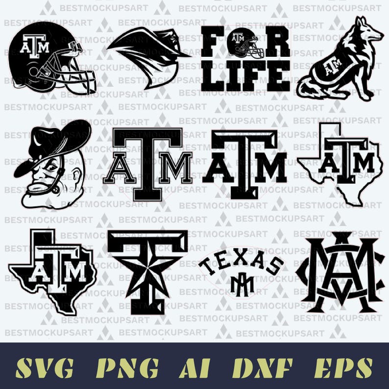 May include: A collection of black and white vector graphics featuring Texas A&M University themes. Includes a football helmet, a dog, the words "FOR LIFE", and various "A&M" and "Texas" designs. The bottom of the image displays file type options: SVG, PNG, AI, DXF, and EPS.
