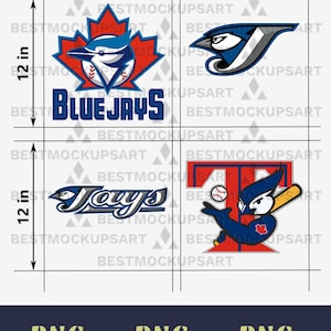 May include: Four different Toronto Blue Jays logos, each 12 inches in size, are displayed. The logos feature a blue jay bird, baseballs, and the team's name. The logos are set against a white background with a dark blue base.