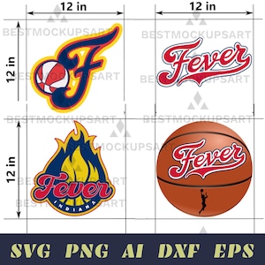 Puede incluir: Cuatro diseños con temática de baloncesto, cada uno de 30 cm por 30 cm. Incluye la palabra "Fever" en escritura cursiva, una pelota de baloncesto con la silueta de un jugador y la letra "F" con una pelota.