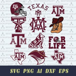 Puede incluir: Una colección de gráficos con el tema de la Universidad de Texas A&M en borgoña y blanco. Incluye un casco de fútbol, las palabras "Texas A&M", un lobo y el texto "For Life". La imagen también contiene los tipos de archivo: SVG, PNG, AI, DXF y EPS.
