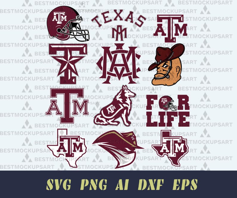 May include: A collection of maroon and white Texas A&M University-themed graphics. Includes a football helmet, the words "Texas A&M", a wolf, and the text "For Life". The image also contains the file types: SVG, PNG, AI, DXF, and EPS.