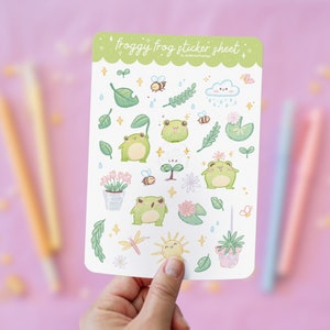 Feuille d'autocollants Grenouilles Mignonnes pour bullet journal, décorations pour planner, Stickers Thème Printemps, Bujo Mars, Bujo Avril