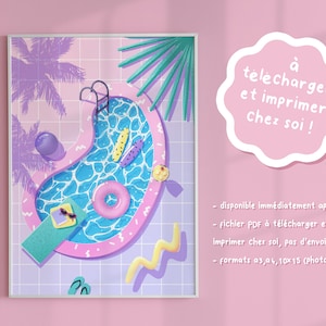 Poster to print RetroWave 90&#39;s Summer Pool, Barbie universe, 3 sizes A3 A4 10x15cm, Colorful Digital Wall Art