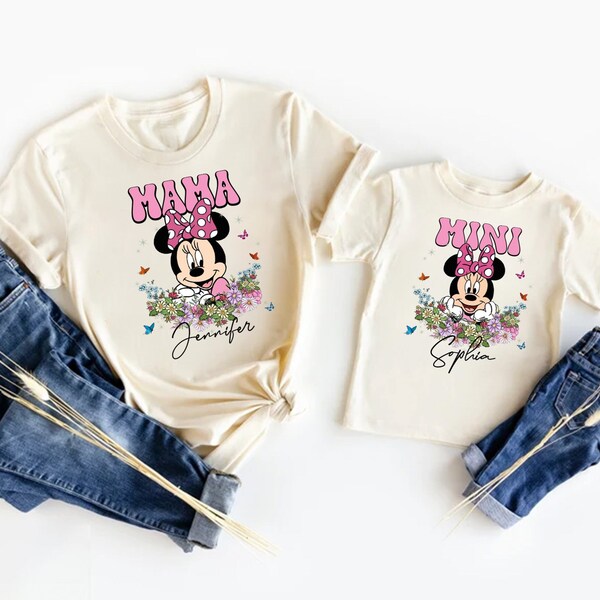 Chemise mini fleurs Disney Minnie Mama, chemises personnalisées maman et moi, chemise assortie famille Disneyland, chemise maman fille, t-shirt mère et fille