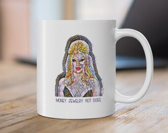 Taza de café Willow Pill de RuPaul's Drag Race, dinero, joyas, perritos calientes