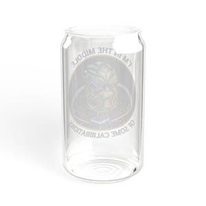 A 16oz clear glass with a stylized image of Garrus from Mass Effect, framed in a circle with the quote “I’m in the middle of some calibrations” in bold, sci-fi inspired font.