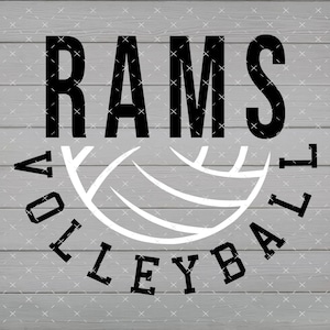 May include: Black and white graphic design with the text "RAMS VOLLEYBALL" in a circle around a white volleyball.