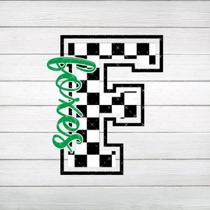May include: Black and white checkered letter F with the word "Forever" written in green cursive to the left of the letter.