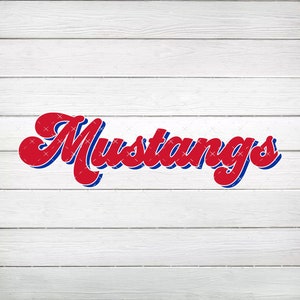 May include: Red and blue stylized text that reads "Mustangs" on a white wood background.